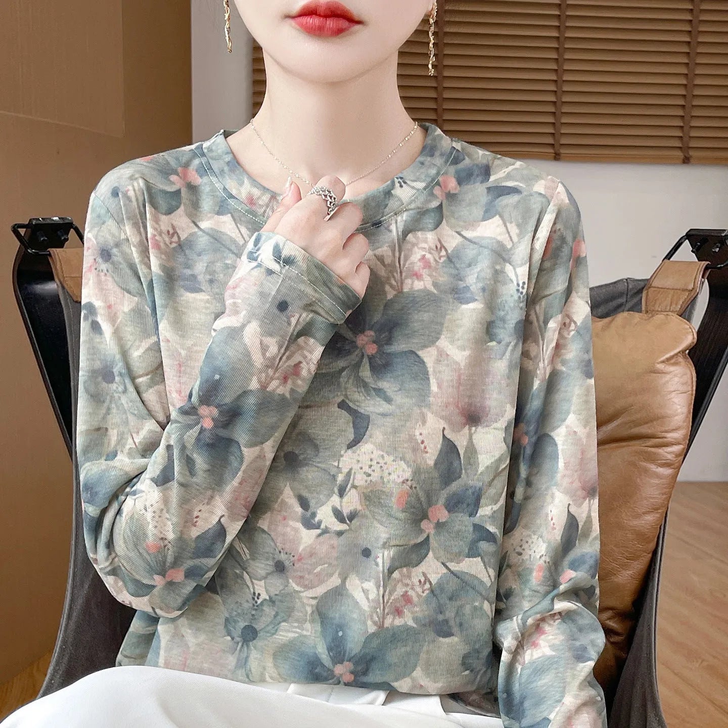 Round neck Tencel cotton pullover shirt with artistic printed design in one of five colour variations