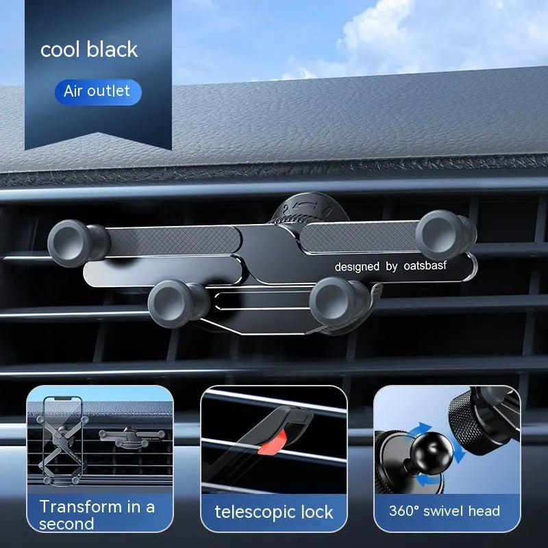 Silver invisible alloy car phone holder mounted on vehicle air outlet with mobile phone in position