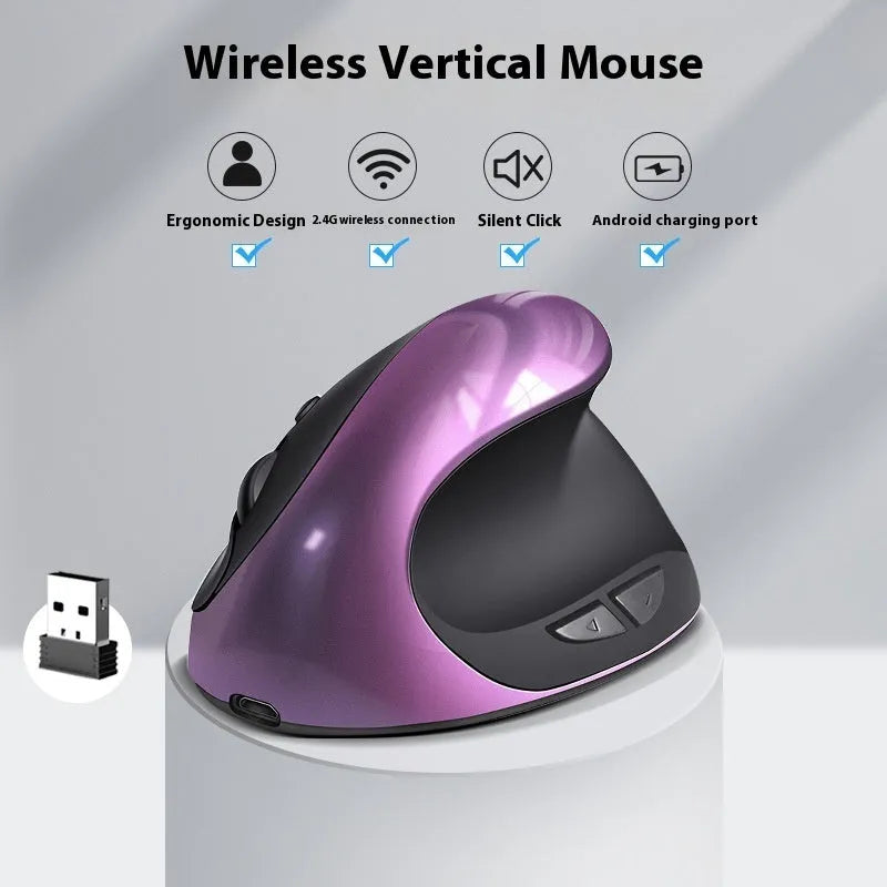Vertical wireless charging ergonomic mouse in multiple colours including black, blue, purple, red and gray