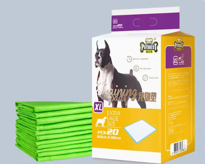 Pack of thickened disposable dog urine pads showing adhesive backing and size options