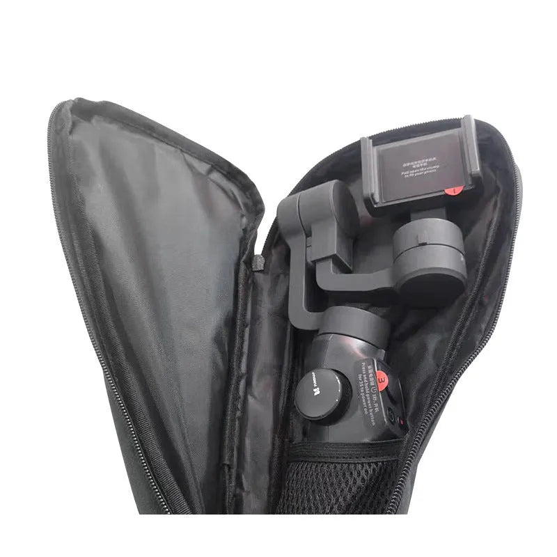 Black cloth storage bag for mobile phone stabilizer accessories with zippered closure
