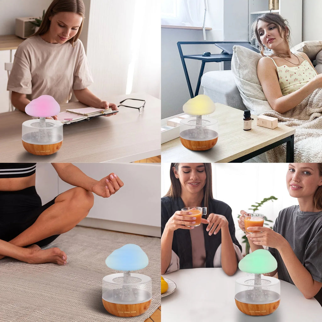 White cloud-shaped humidifier with LED night light on a table