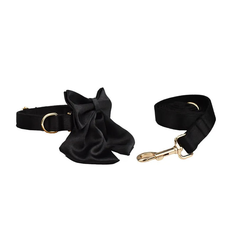 Dog collar and leash set with chest harness, coordinating vest and bow accessory in cloth material