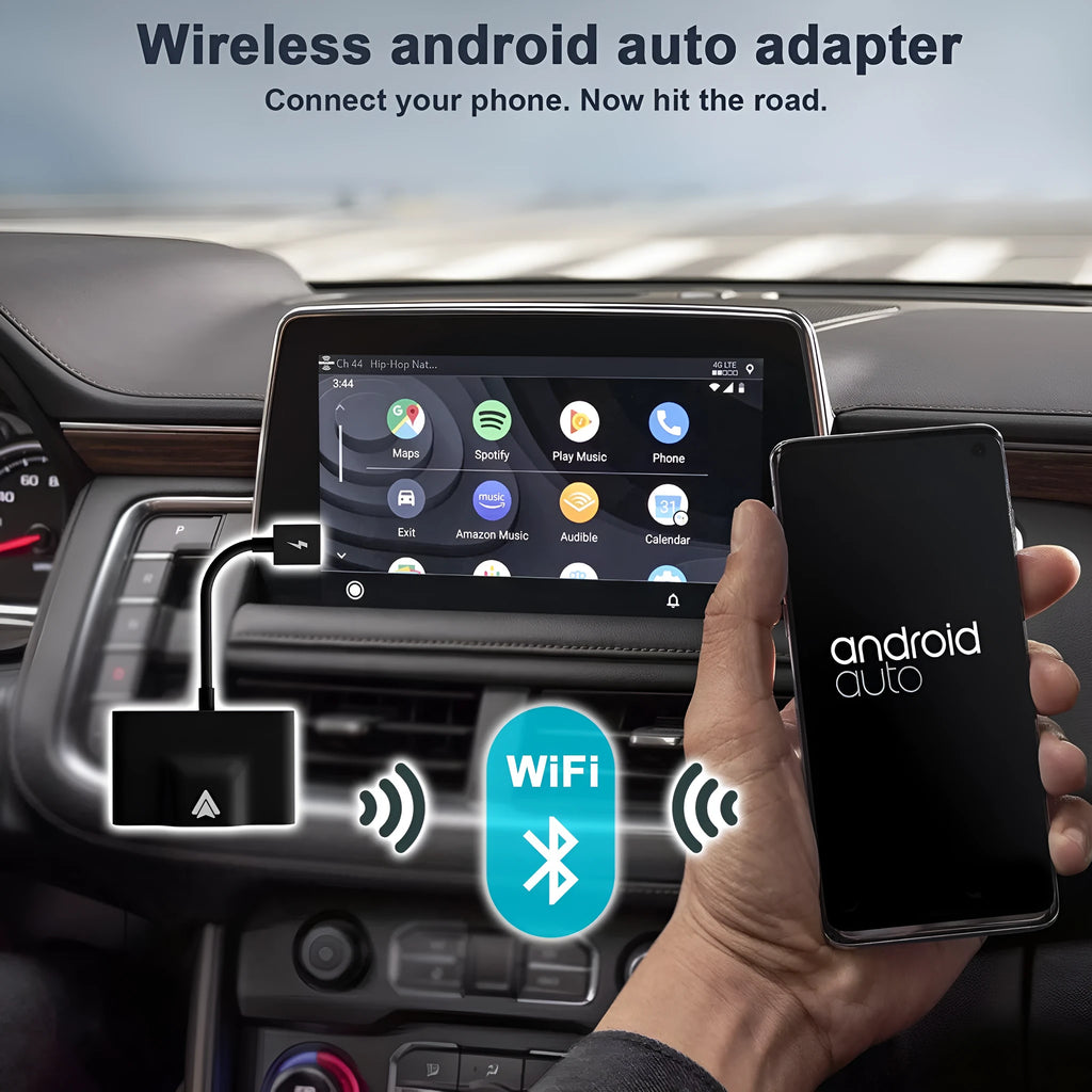 Original Car Wireless Android Auto Adaptor converting USB to wireless for Android phones in vehicles with CarPlay.