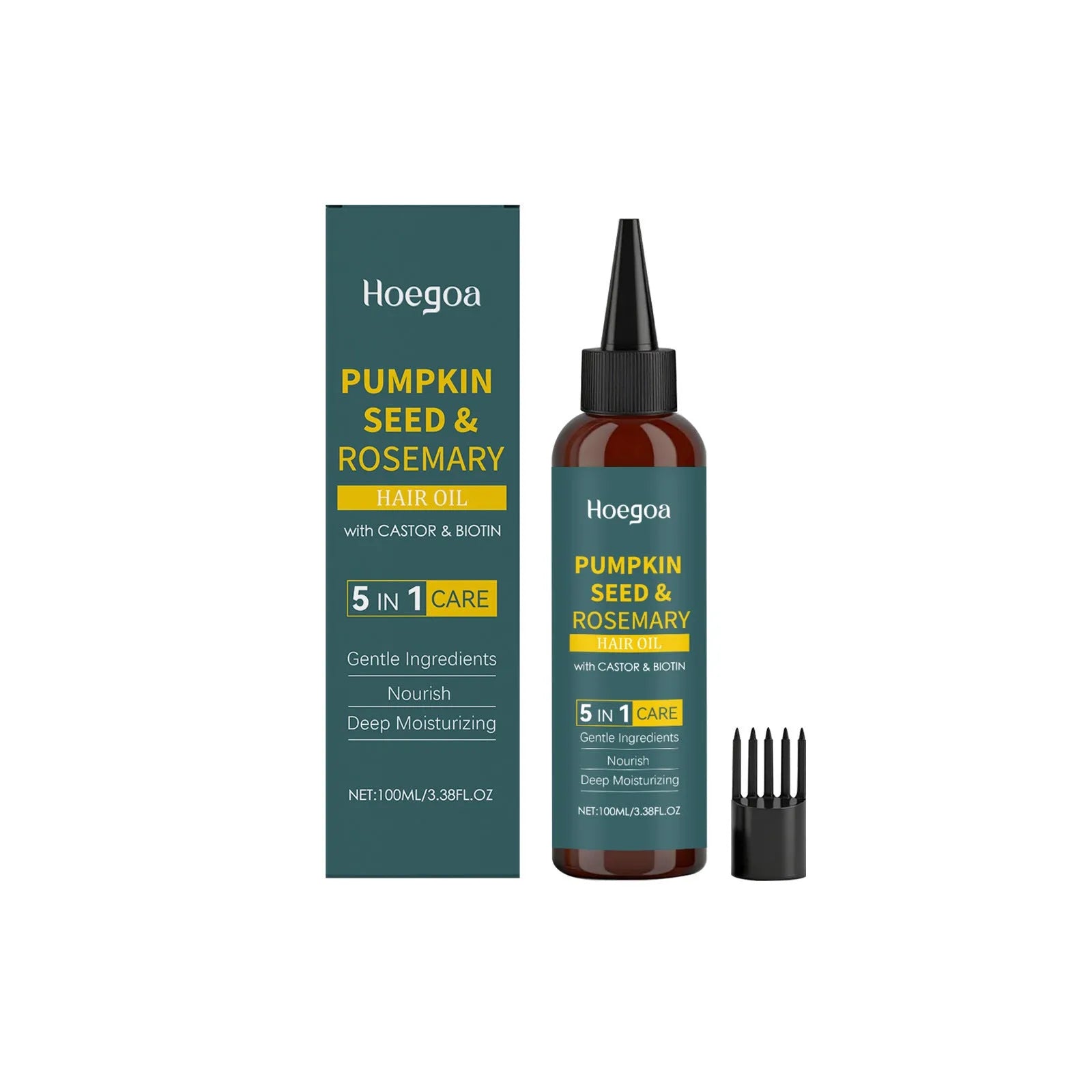 100ml rosemary essential oil bottle with pointed nozzle and hair comb set on white background.