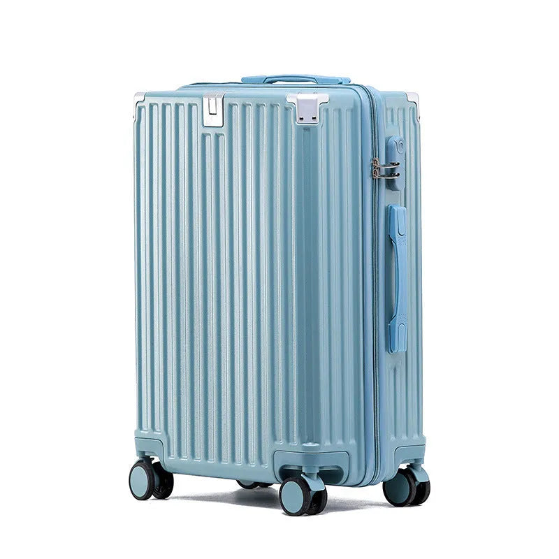 Hard-shell aluminium frame suitcase in avocado green with USB port and universal wheels.