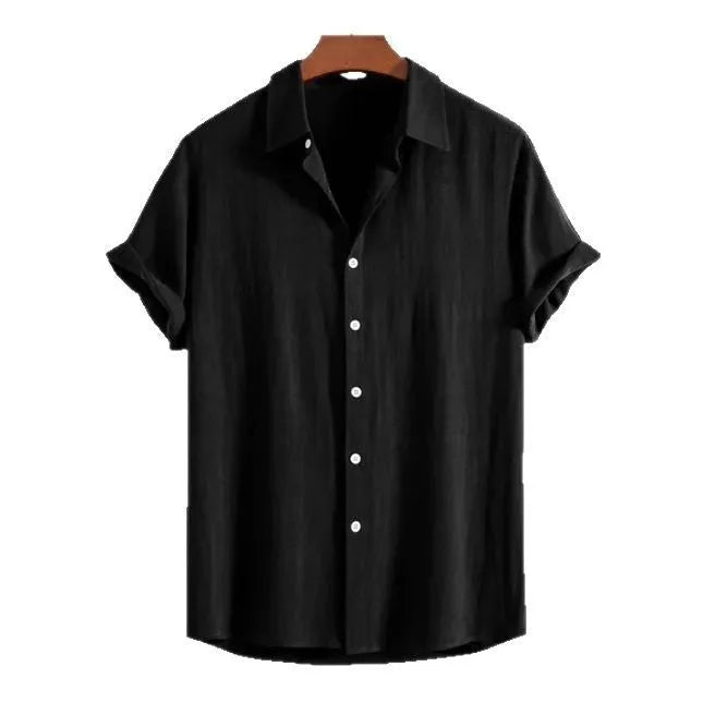 Men's loose fit short sleeve cardigan in solid colour on a hanger