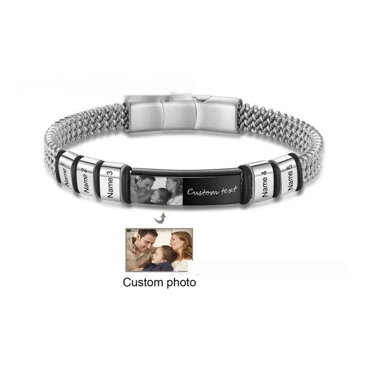 Men's titanium steel lettering bracelet with leather rope strap and heart charm, showing engraved bead options.