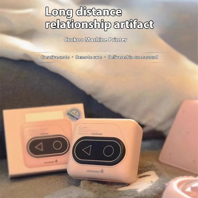 Portable Bluetooth thermal mini printer in avocado green, pink, yellow duck, or white, showing compact size next to a smartphone.