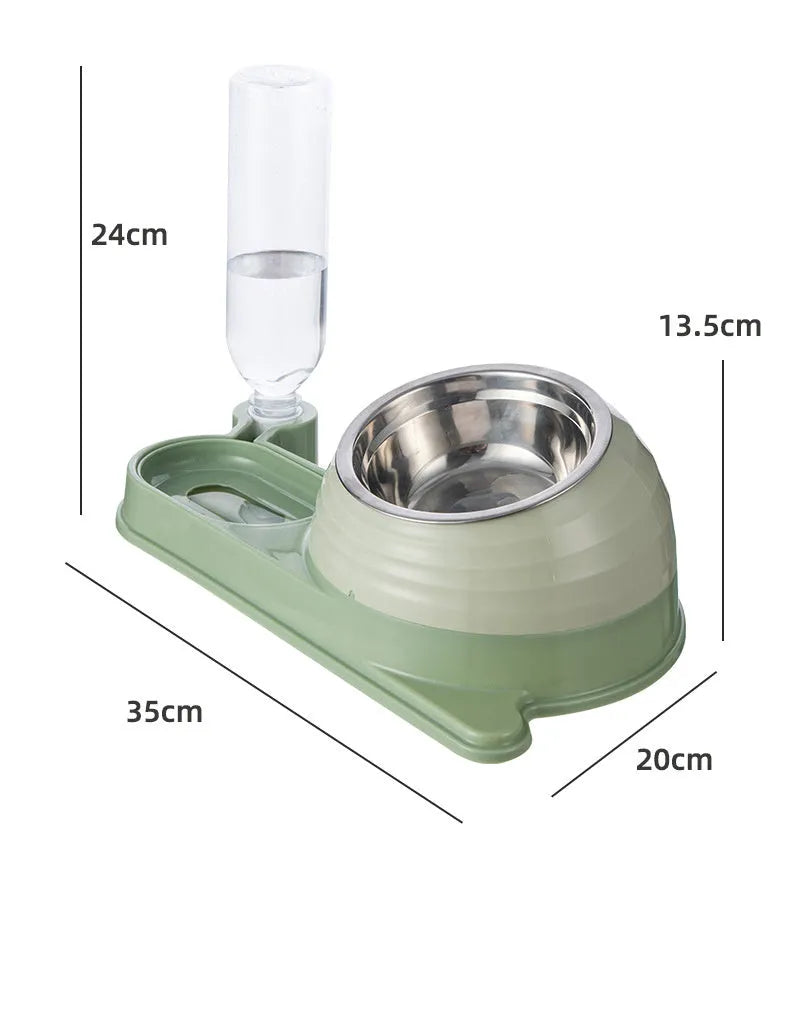 Raised cat food bowl with automatic water dispenser in brown colour