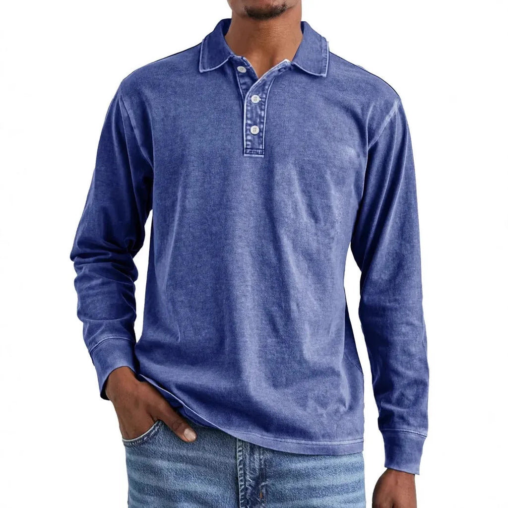 Retro washed distressed cotton long sleeve polo shirt with lapel collar in Army Green