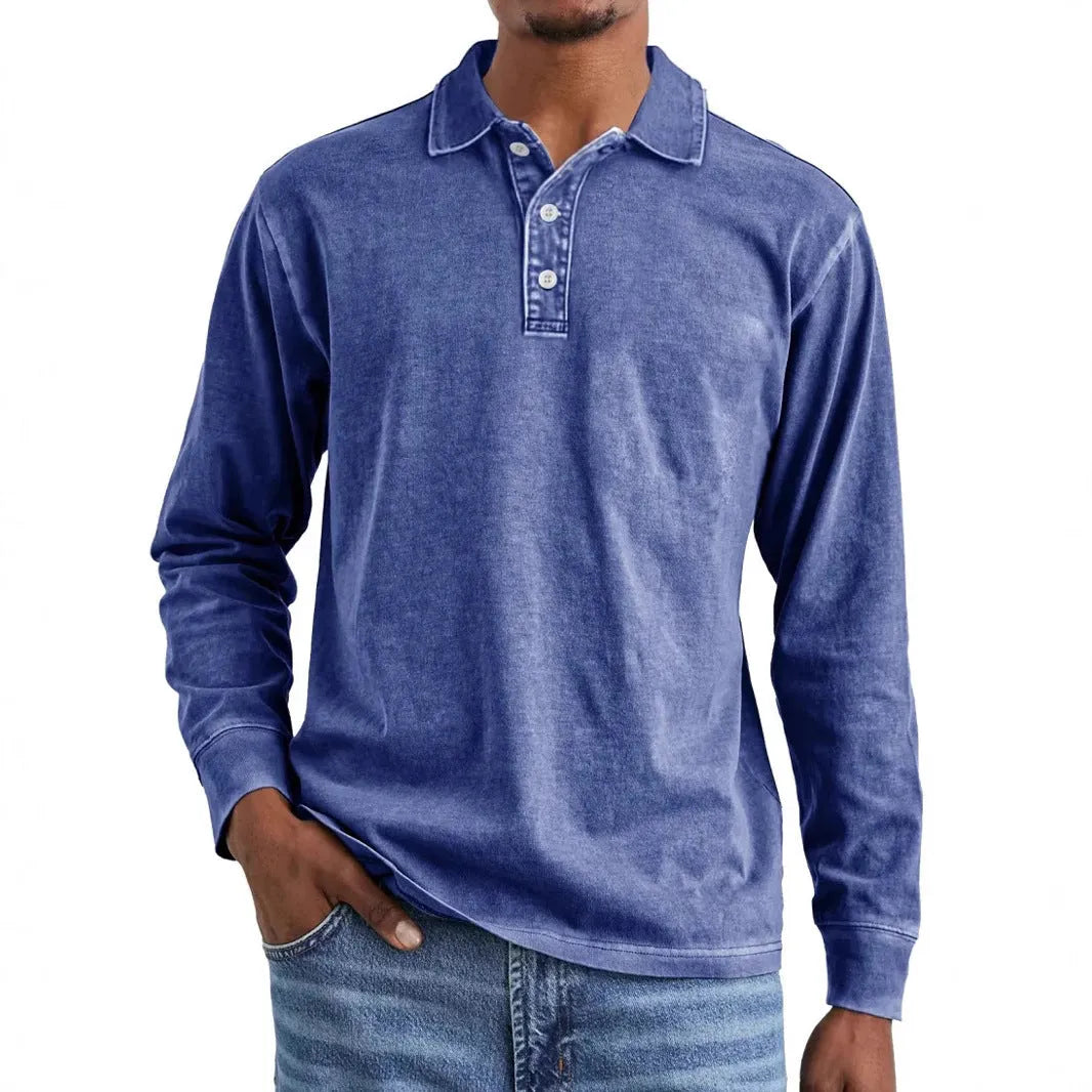 Retro washed distressed cotton long sleeve polo shirt with lapel collar in Army Green