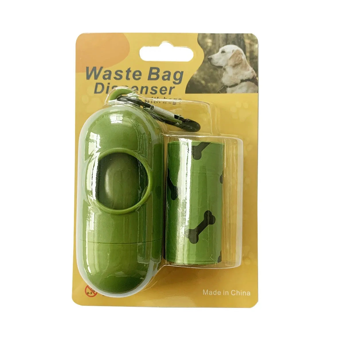 Military green degradable dog waste bags with black bone print measuring 23 by 33 centimetres
