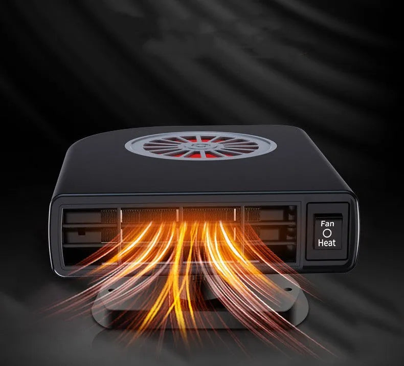 Black vehicle-mounted heater on car dashboard with adjustable vents for defrosting and defogging.