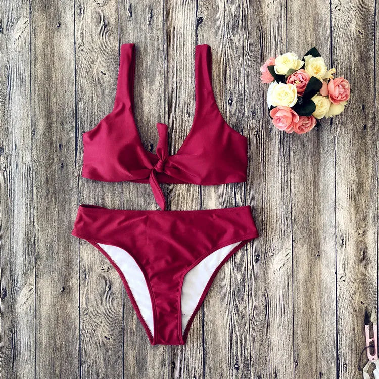 Women's polyester bikini set in solid colours with sleeveless design