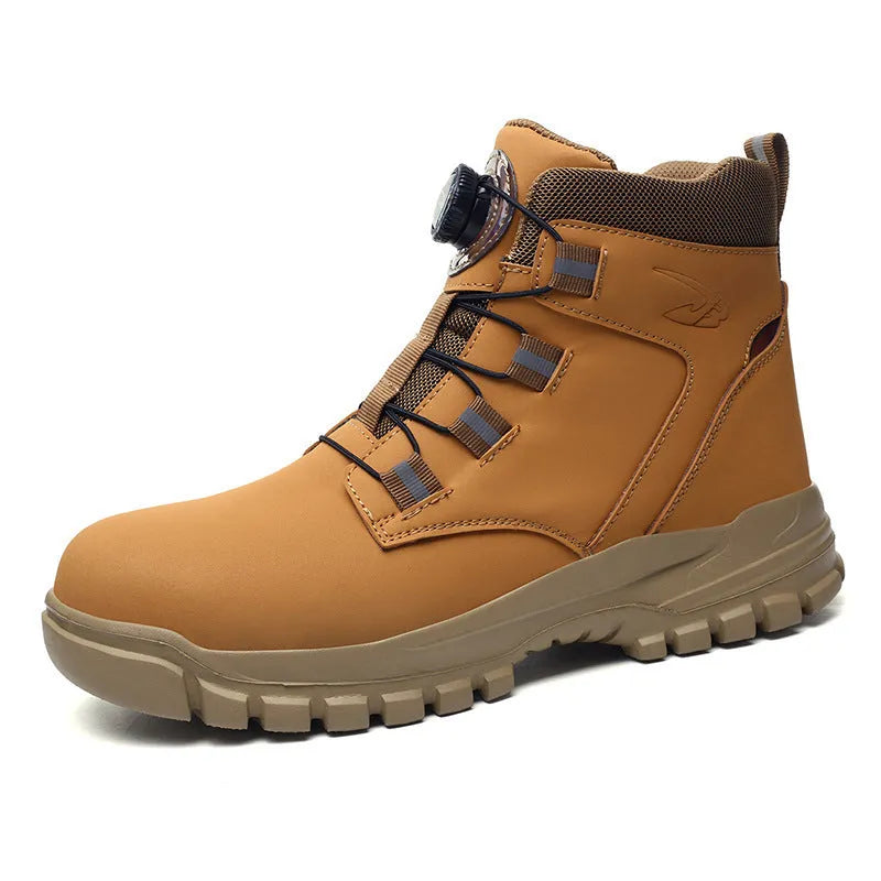 Leather and rubber anti-smashing puncture safety shoes in black, shown in a work environment.