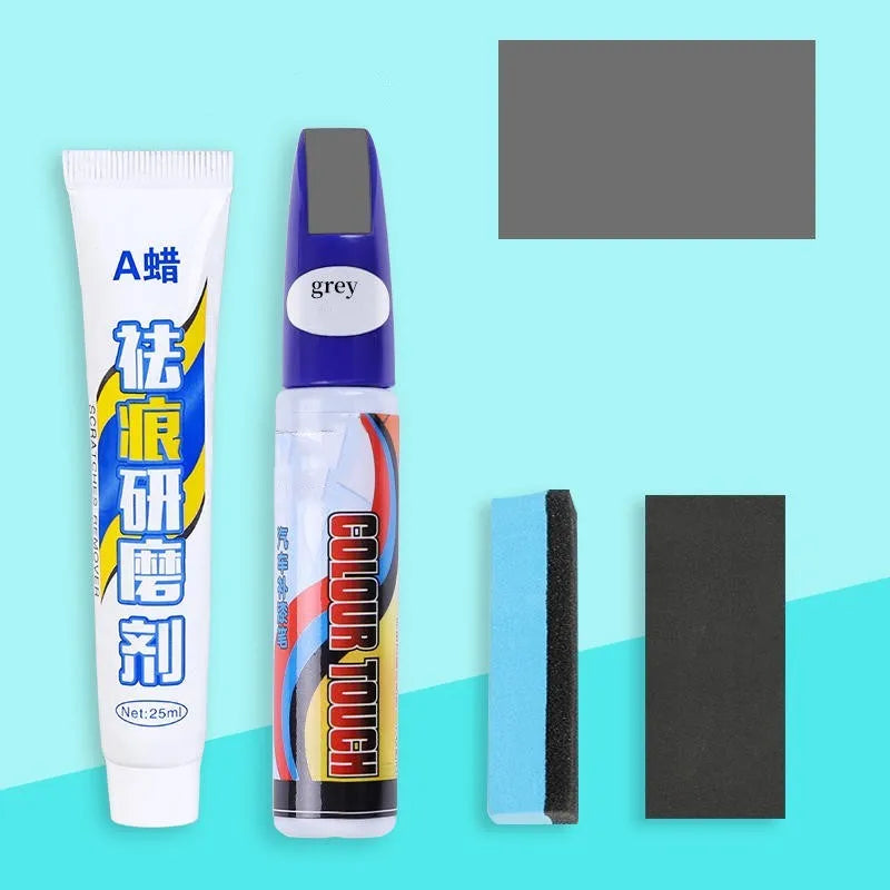 Automotive paint repair pen and scratch removal fluid 4-piece set for car touch-ups.