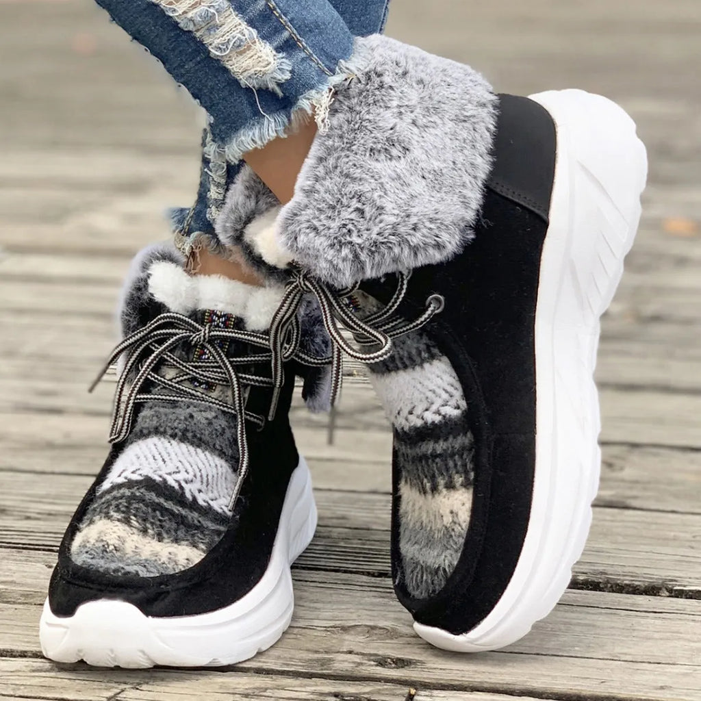Women's beige lace-up snow boots with suede upper and thermal plush lining