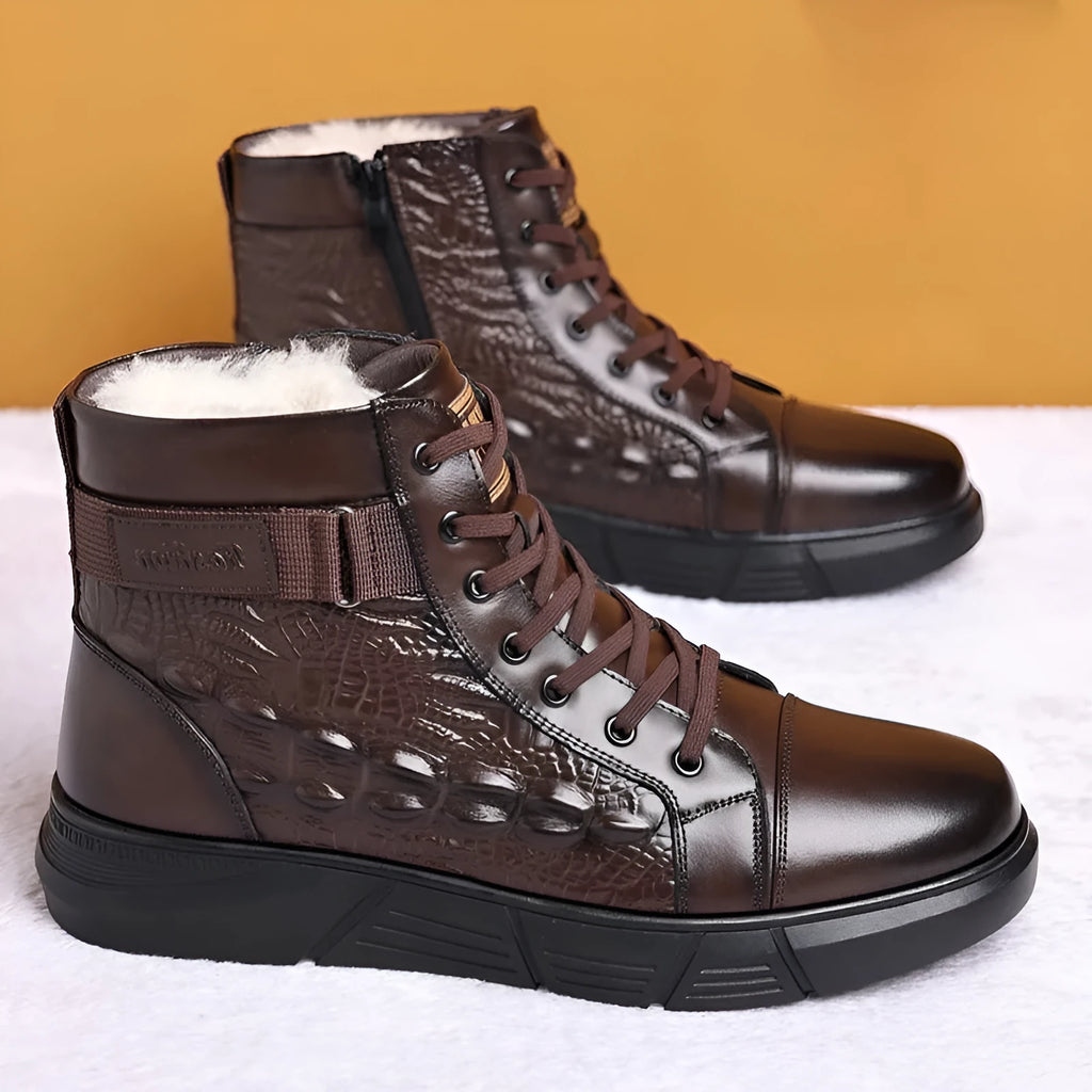 Women's black velvet fur-lined leather snow boots with rubber soles and front lace-up closure