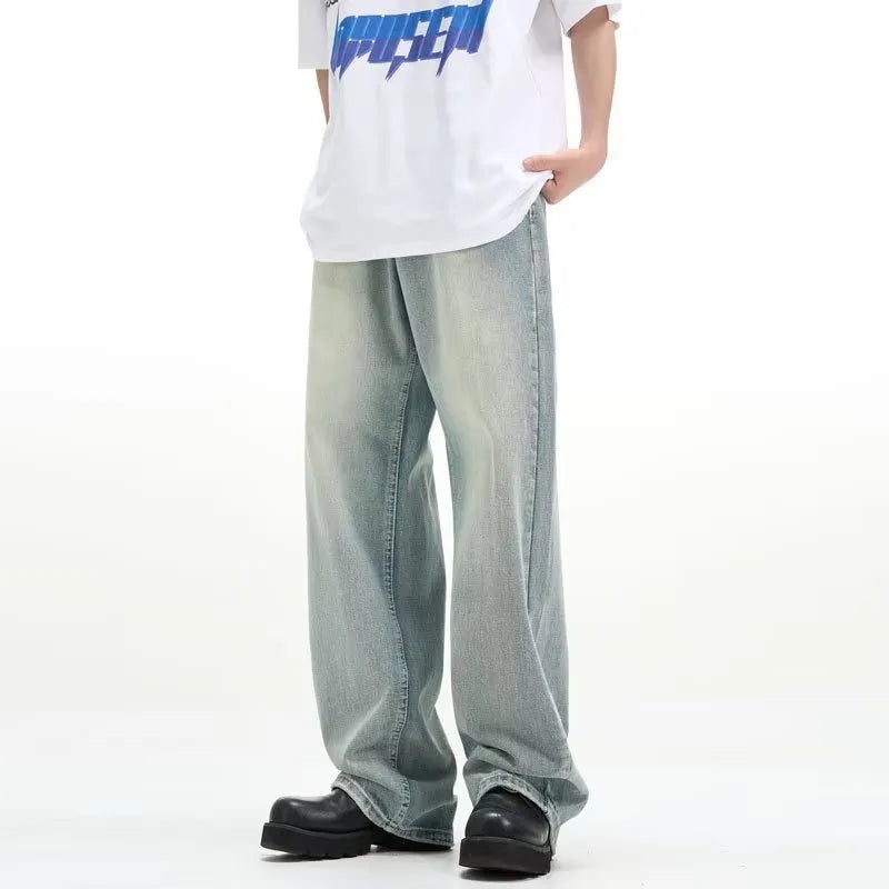 Blue retro casual trousers with loose fit and high elasticity rabbit fur fabric