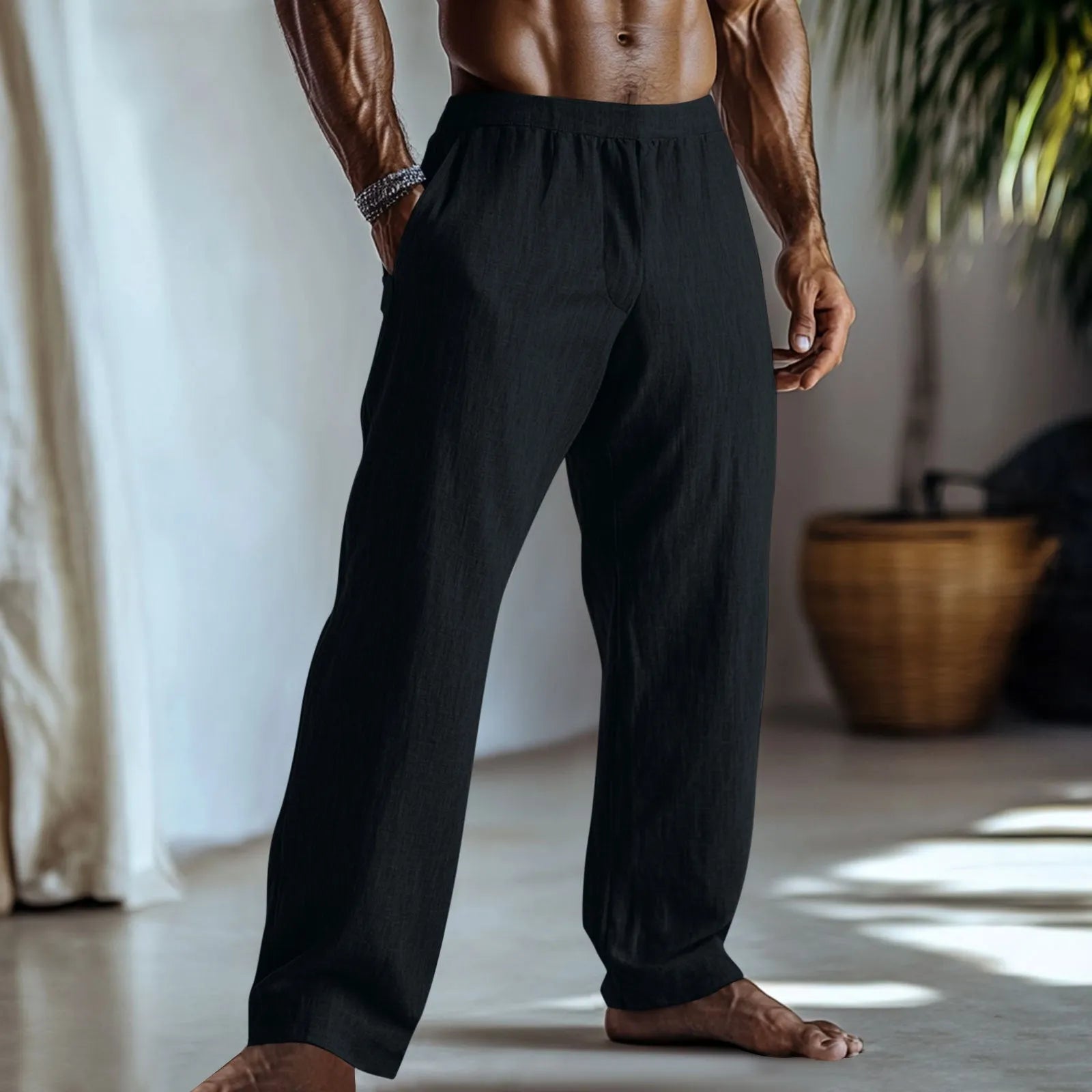 Straight leg cotton linen casual trousers with pockets shown in a solid colour.
