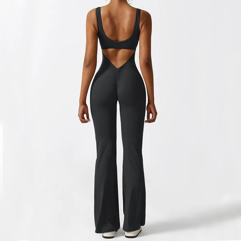 Women's sleeveless flare jumpsuit for fitness yoga in high elasticity polyester fabric