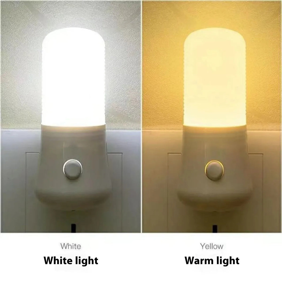 Compact square white minimalist plug-in bedside night light on a surface.