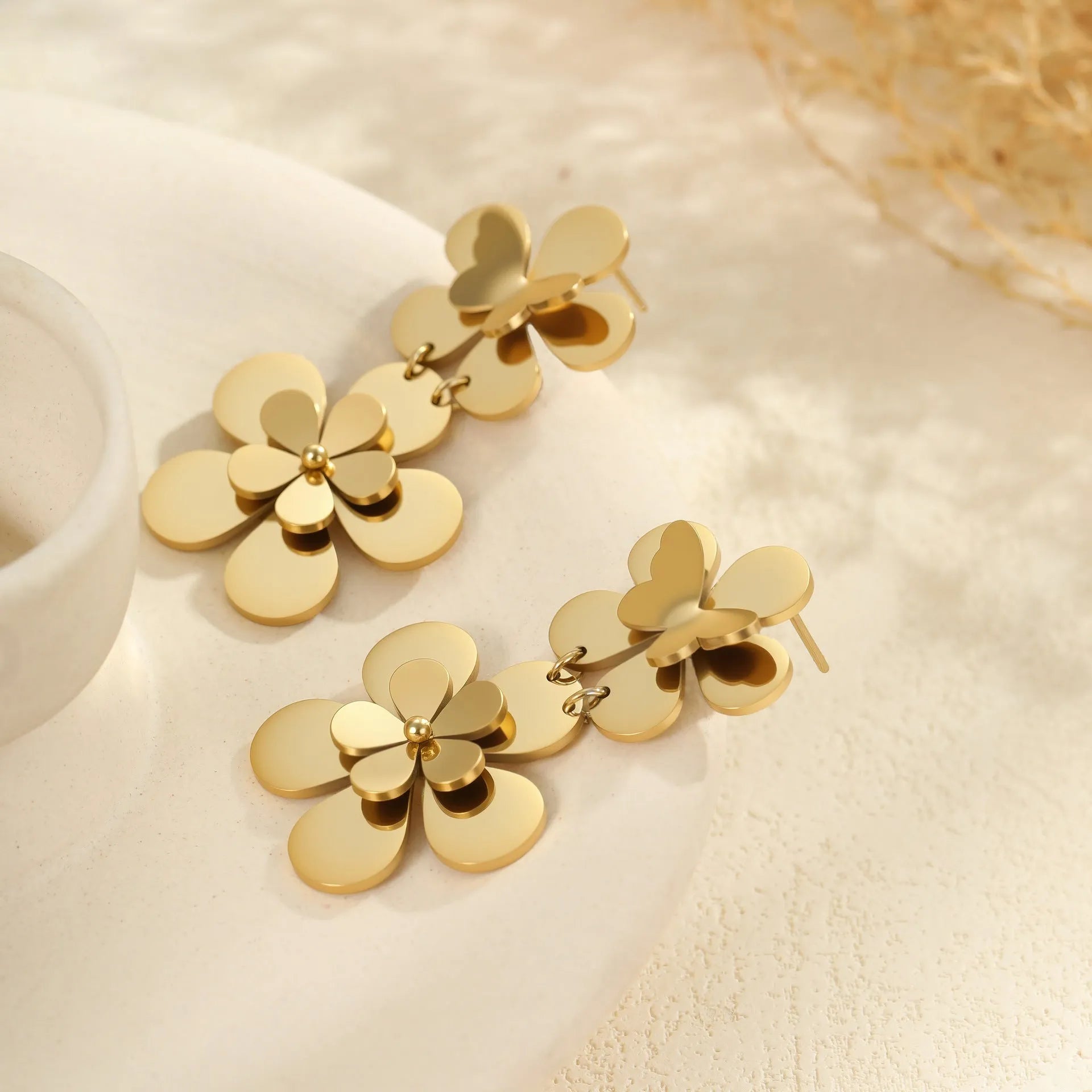 Gold floral butterfly stainless steel earrings with 18K electroplated finish for women