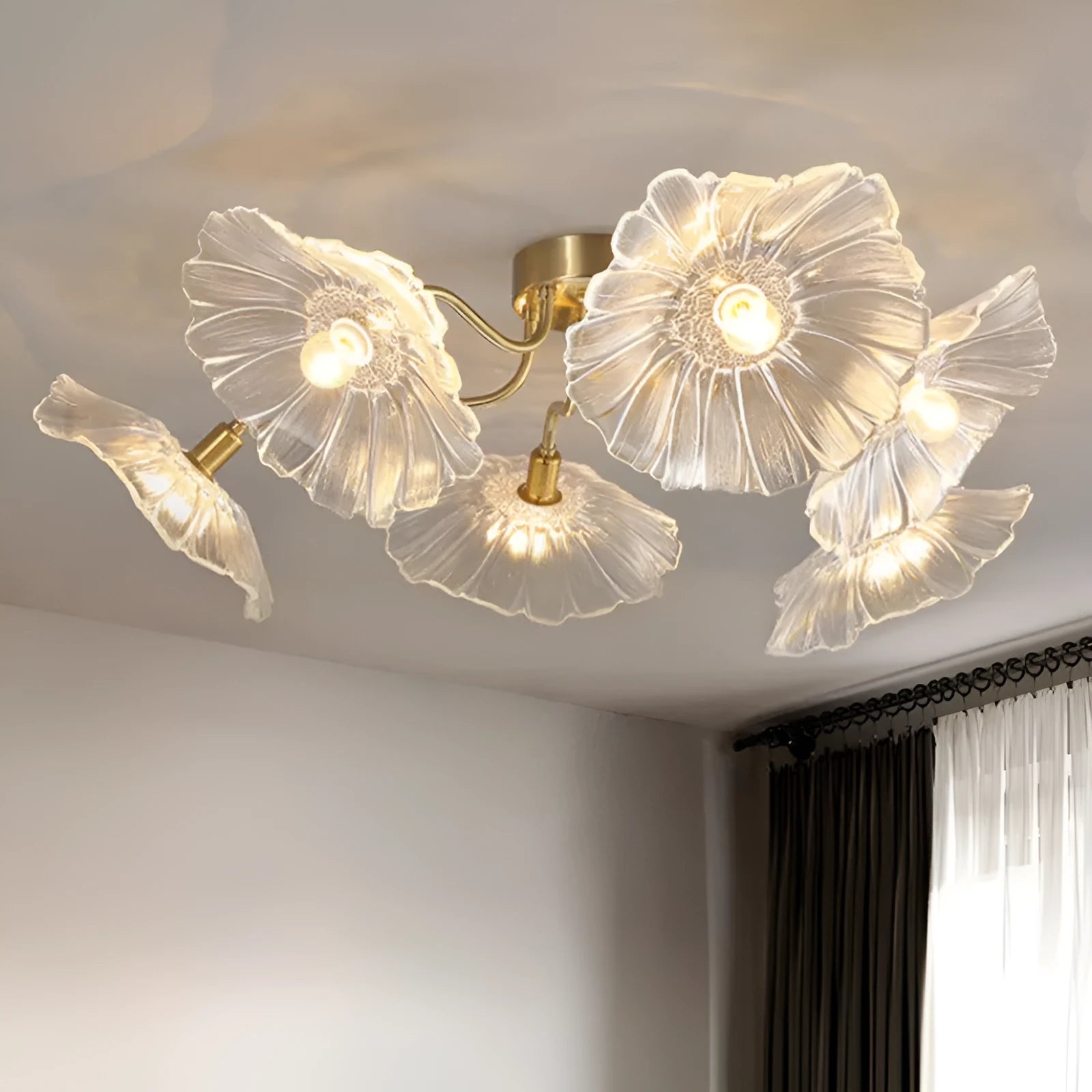 Modern decorative flower ceiling lamp with multiple purple or white flower heads for living room lighting