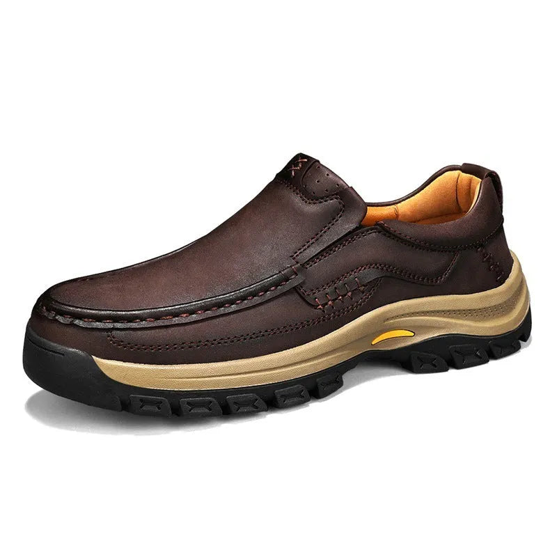 Men's black leather outdoor shoes with thick rubber sole and round toe