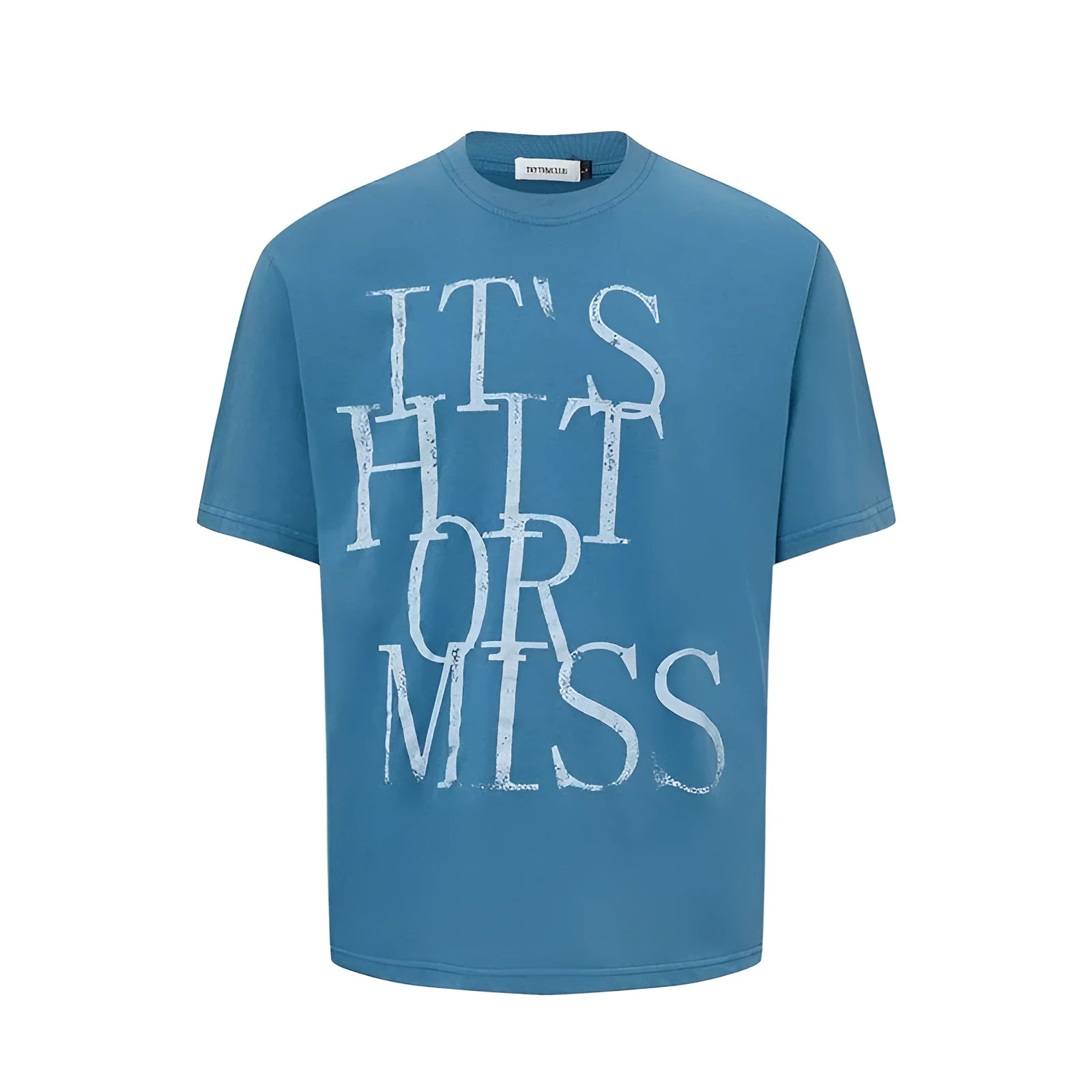 Men's blue American-style letter printed round neck T-shirt with loose fit