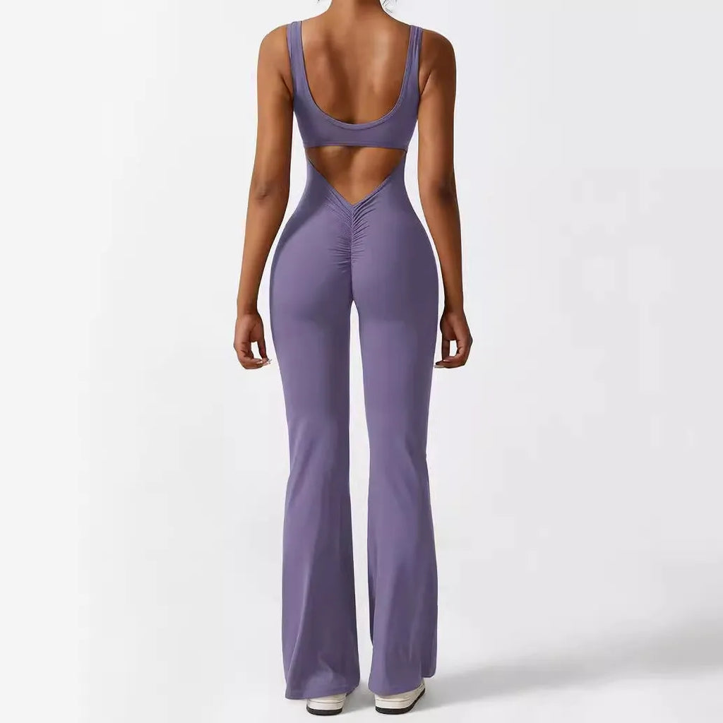 Women's sleeveless flare jumpsuit for fitness yoga in high elasticity polyester fabric