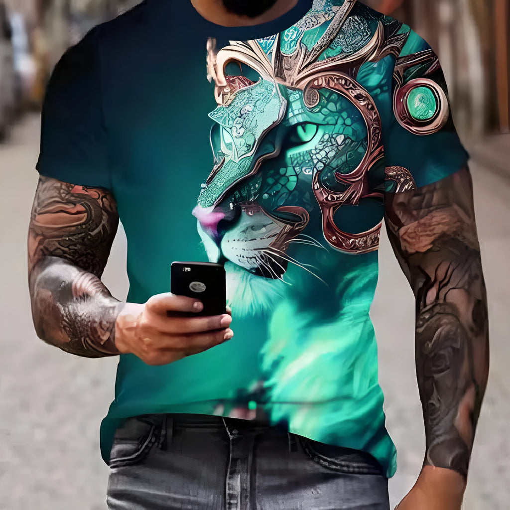 Men's grey T-shirt featuring a large, detailed 3D printed fierce lion graphic on the chest.