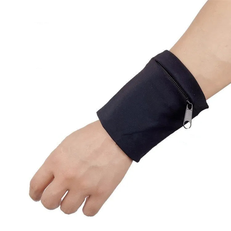 Adjustable fabric armband phone holder for wrists, shown with strap and 10x10.5cm phone compartment.