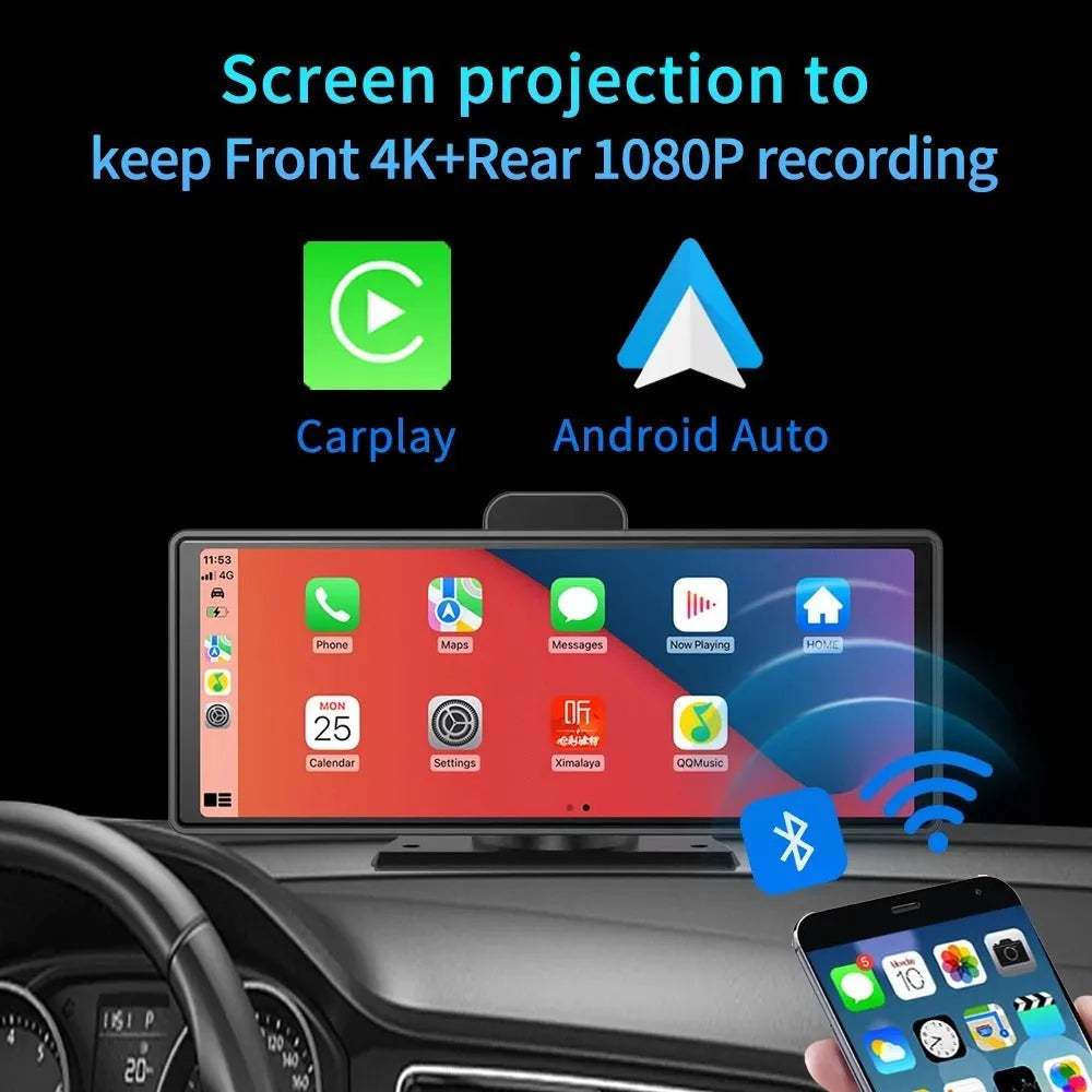 10.26-inch car dash camera with touch screen, front and rear recording cameras, and parking monitor display.