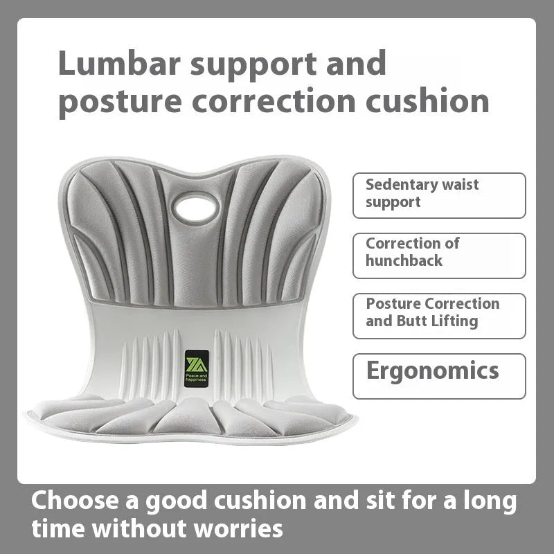 Grey ergonomic waist support and posture correction cushion on an office chair.