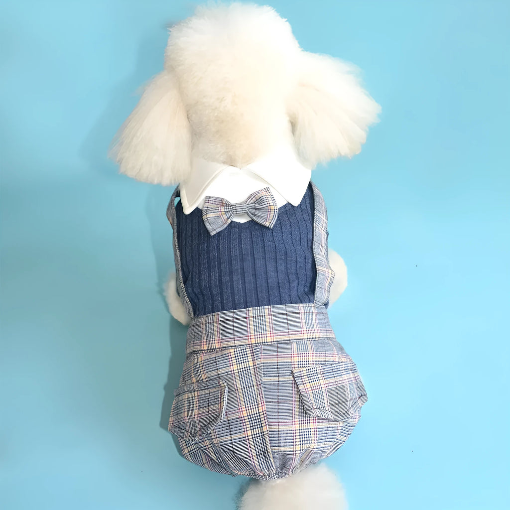 Dark blue cotton dog shirt for small dogs showing size label and fabric texture