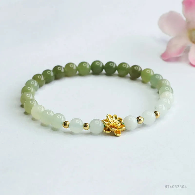Hand-woven water gradient Hetian jade bracelet with 6mm flower beads in ancient national style