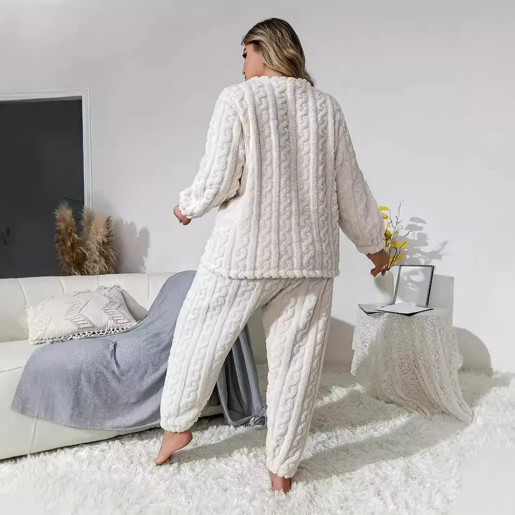 Women's creamy white polyester pants suit with long sleeves and trousers in Japanese Korean casual style
