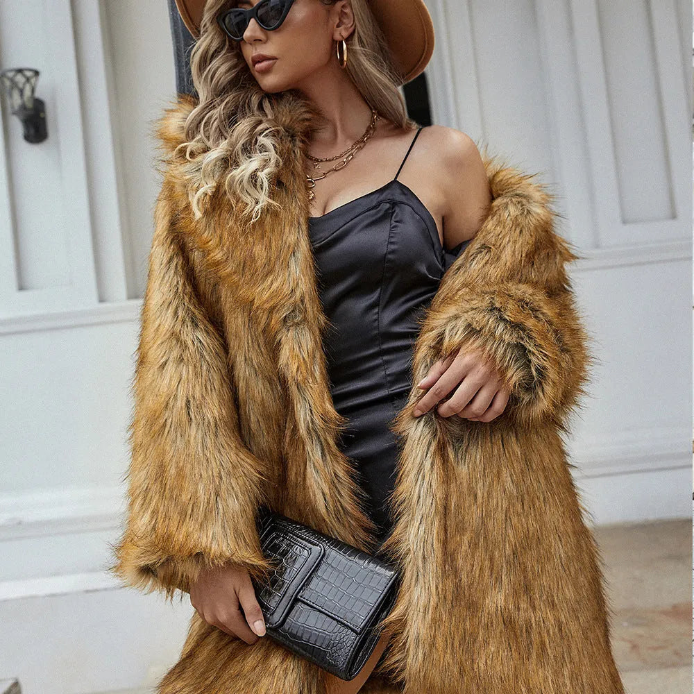 Yellow women's faux fur coat with regular sleeves and 80cm length