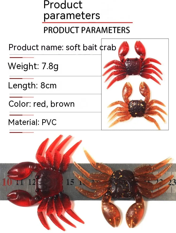 PVC soft plastic crab fishing lure in red and brown colours, measuring 8cm in length.