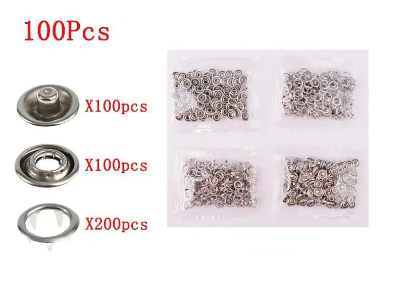 Five claw no-sew stainless steel button for children's clothing measuring 9.5mm with application pliers