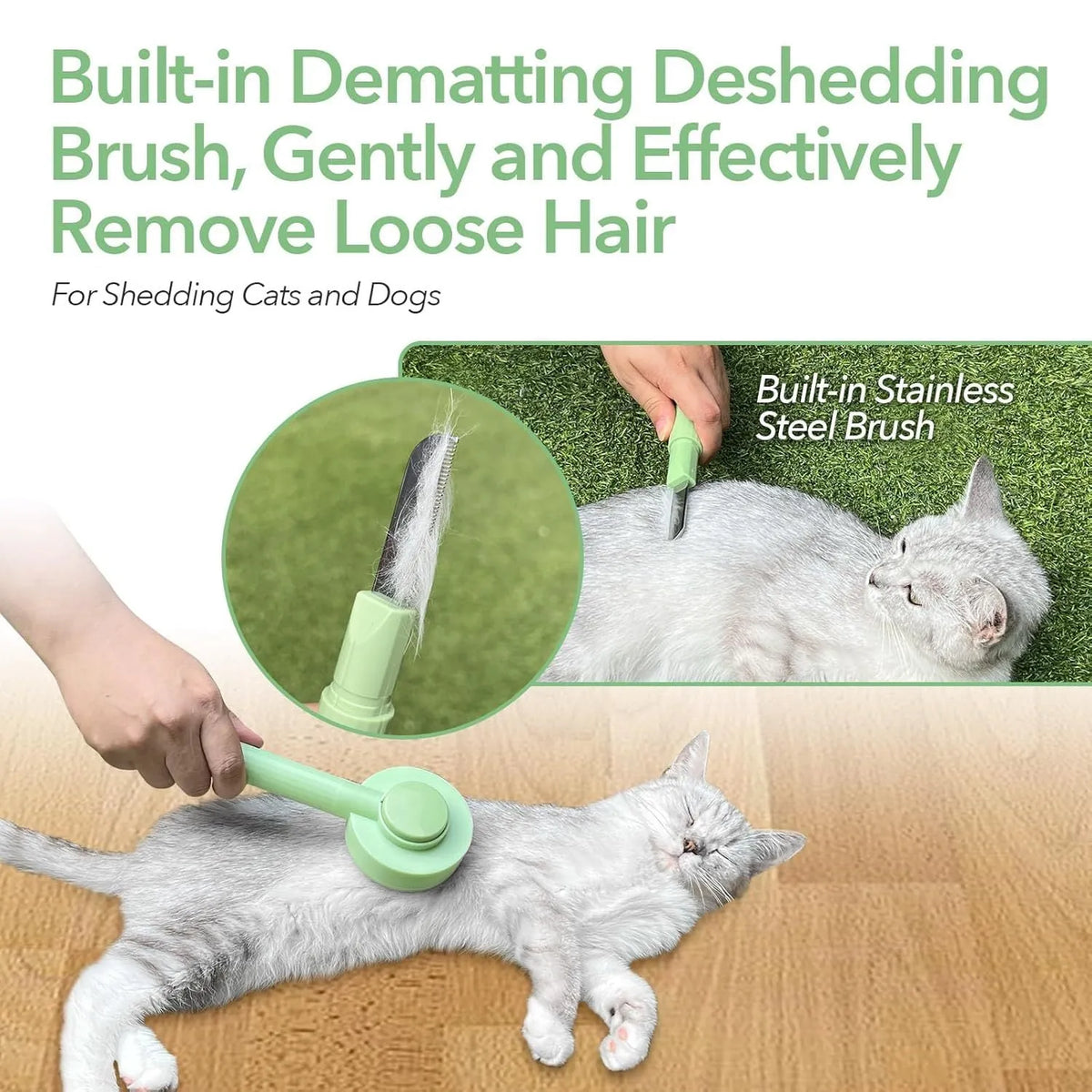 Green and yellow 2-in-1 pet grooming brush with stainless steel teeth and hanging loop