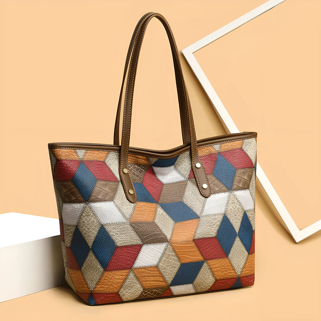 Women's blue brown PVC shoulder handbag with outer sandwich pocket for business and travel