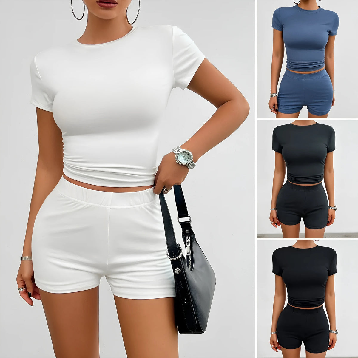Women's solid colour slim fit sports suit with short sleeve t-shirt and elastic waist shorts