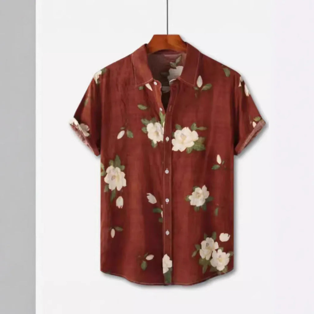 Hawaiian floral print short sleeve shirt with lapel collar in elastic polyester fabric