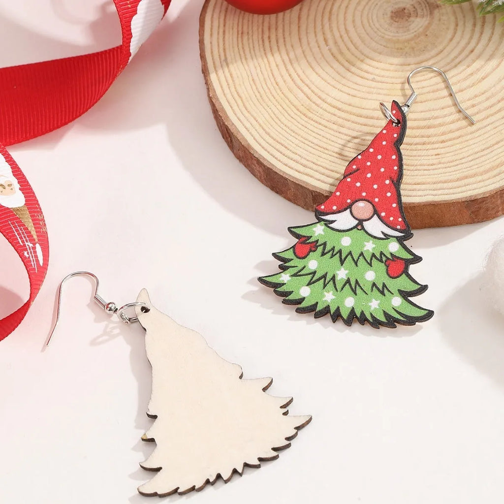 Wooden geometric earrings with printed Christmas tree and snowman designs