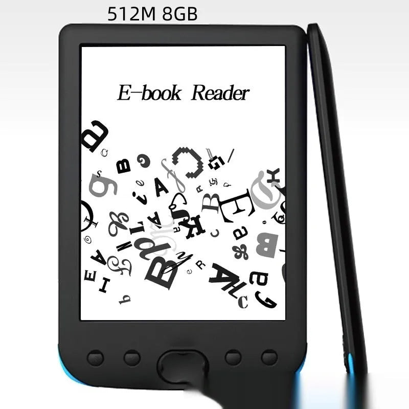 Black 6-inch E-ink touchscreen e-book reader showing a book page on its display.