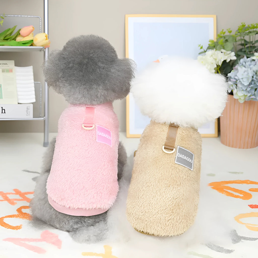 Blue coral fleece jacket on a small dog, showing soft texture and casual fit.