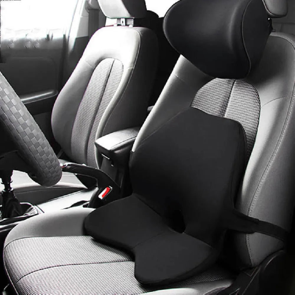Memory foam car waist support cushion in beige colour, shown alongside optional matching headrest.